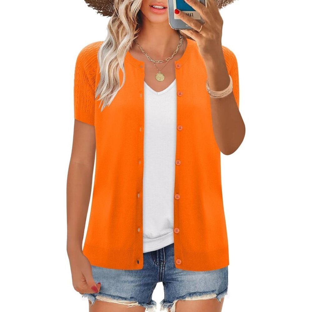 Women's Knit Short Sleeve Cardigan Lightweight Button Crew Neck Sweater Top